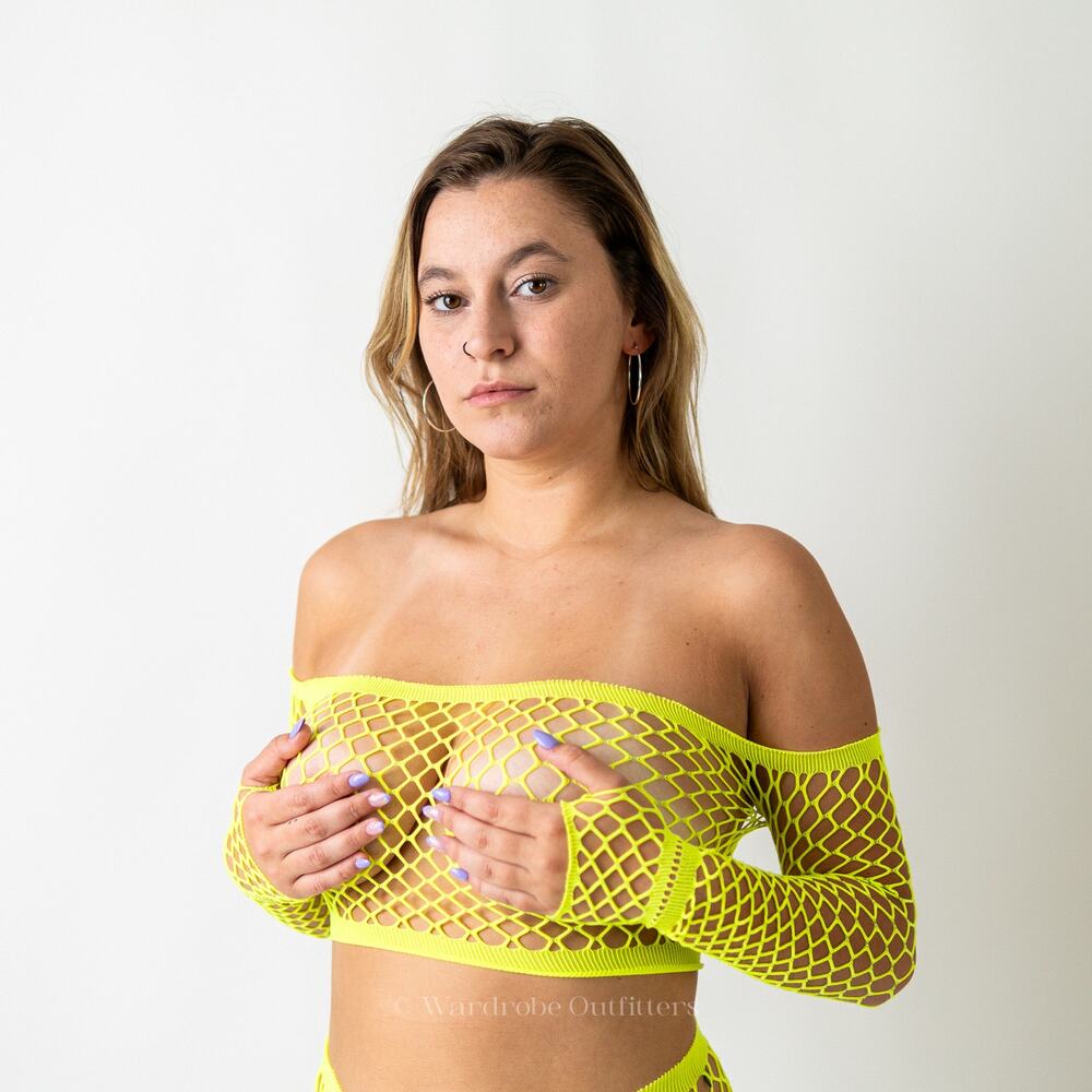 Neon Yellow Sheer Mesh Rave Fishnet Lingerie Set - Picture 2 of 7